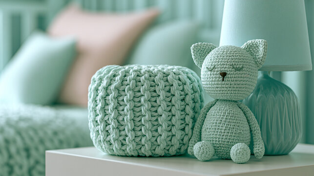 Crocheted cat toy and chunky knit cushion beside lamp in mint bedroom
