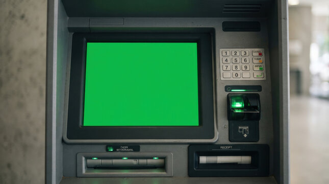 Close up shot of banking terminal console with green screen display numeric security keypad slot card reader and receipt exit.