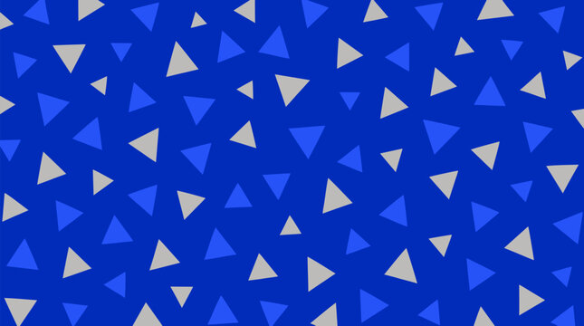 Evenly distributed abstract seamless pattern of small triangles rotated at different angles in cobalt blue and silver on deep blue background, modern flat minimalist geometric confetti texture
