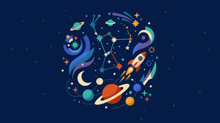 Fototapeta premium Vibrant Whimsical Space Illustration Vector Art Featuring Colorful Planets with Rings Rocket Ship Stars Constellations Moon and Galaxy Swirls on Dark Navy Background - detailed commercial stock