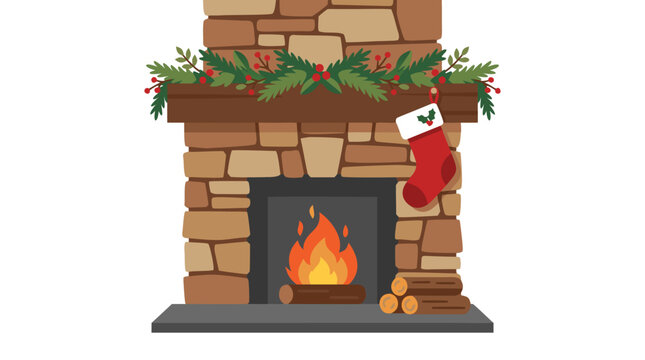 Christmas fireplace with stone mantel decorated with green garland, red berries, and a hanging red stocking, flat vector illustration in warm brown and red tones, festive holiday hearth design