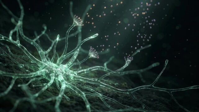 Bioluminescent Mycelia Spreading Spores in Microscopic World