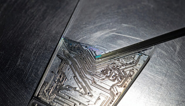 Intricate silver circuit board with metallic traces and connections, showcasing advanced electronic design