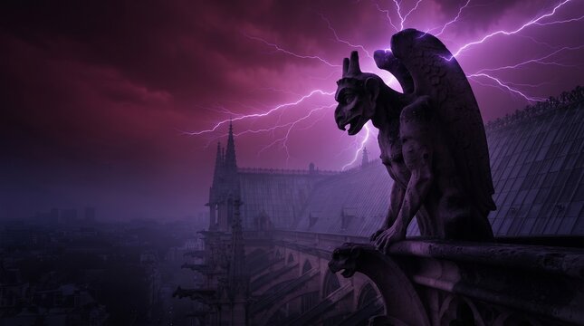 Gothic Stone Gargoyle Perched on Rooftop During Purple Lightning Storm Halloween Night