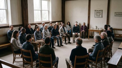 Obraz premium Diverse group of people sitting in circle of chairs during silent Quaker meeting at Friends meeting house. Community gathering, meditation and worship. Group therapy and support group concept.