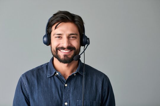 Friendly customer support agent wearing a headset and denim shirt smiling against a grey background