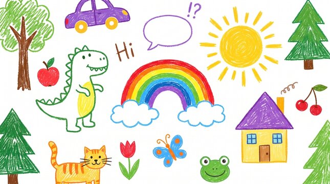 Children crayon drawings set with dinosaur rainbow sun house and cat