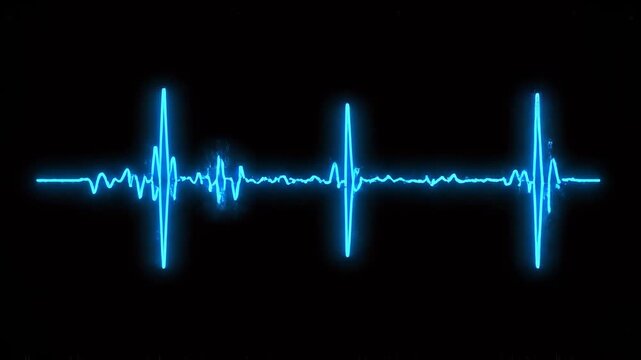 Abstract blue sound wave forms pulsating with digital energy against a dark background