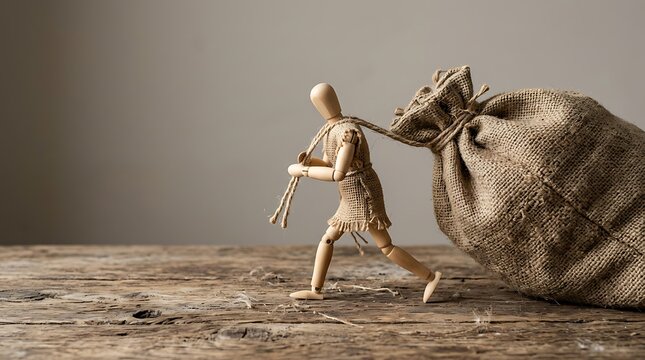 Wooden puppet man struggling to drag heavy burlap sack full of money symbolizing debt burden or hard work for financial gain.