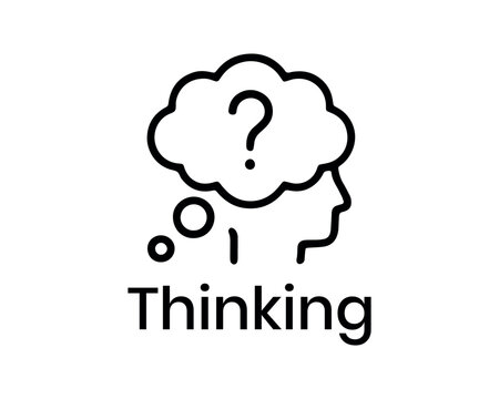 Human head in thought bubble with question mark and text thinking silhouette