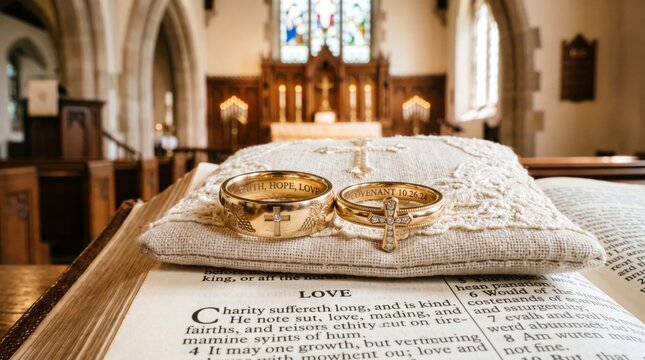 Two gold wedding rings with crosses on lace pillow over open bible in church interior. Christian marriage ceremony and religious wedding concept. Faith, hope and love in sacred matrimony