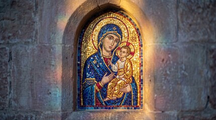 Obraz premium Mosaic icon of Virgin Mary holding baby Jesus on stone church wall. Orthodox Christian religious art with golden tiles. Faith, spirituality and sacred tradition concept for religion and Easter