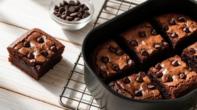 Freshly baked chocolate chip brownies sit cooling on a wire rack next to a small bowl of chips. Homemade dessert ready to eat. Delicious sweet treat.