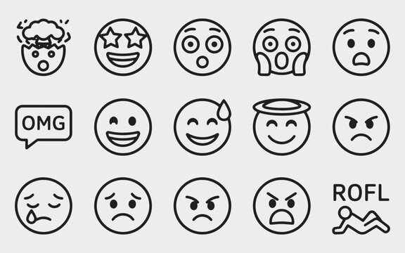 Collection of nine black line art facial expression icons including happy sad and angry faces silhouette