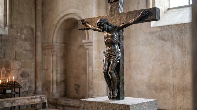 Bronze crucifix statue of Jesus Christ on wooden cross inside old stone church. Christian faith, sacrifice and resurrection concept. Religion and spirituality for Easter and church worship.