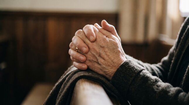 Close up of elderly man hands clasped together in prayer. Senior person sitting on chair with folded wrinkled hands. Hope, faith and reflection concept for religion, retirement and aging themes.