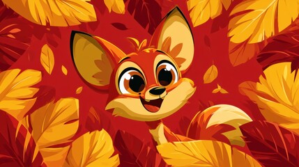 Fototapeta premium A bouncy fox with big eyes plays among bright leaves in a forest scene during the fall season. The colors are vivid and lively.