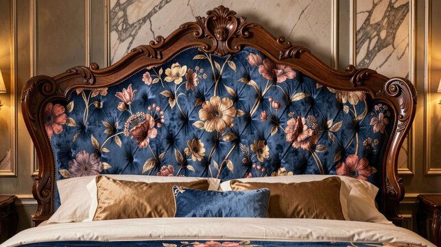 Ornate floral headboard with blue fabric in an elegant bedroom  