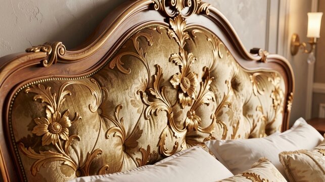 Ornate golden headboard with floral pattern in elegant bedroom  