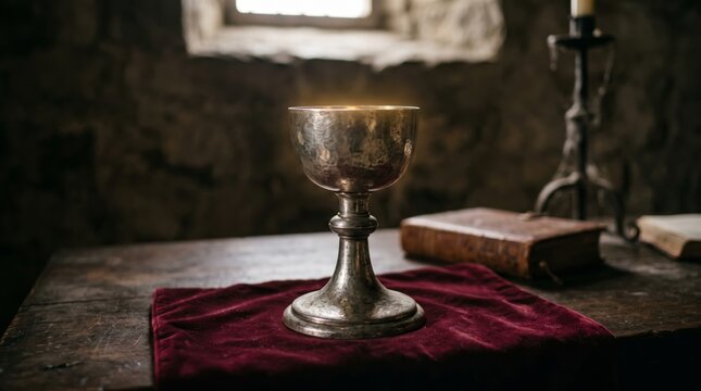 Antique silver chalice on red velvet cloth in medieval castle interior. Old goblet with ancient book and candle on wooden