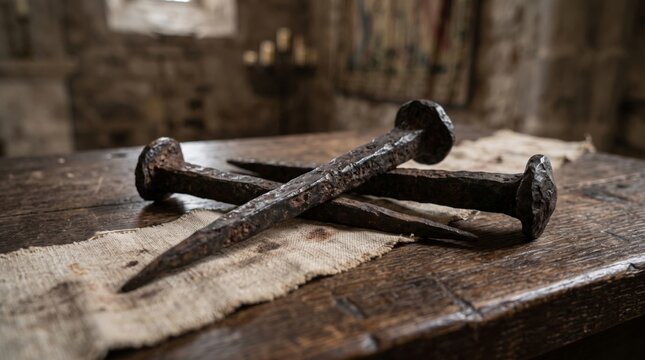 Three old rusty iron nails on wooden table with cloth in dark ancient room. Religious symbols of crucifixion of Jesus Christ. Christian faith, Good Friday and Easter
