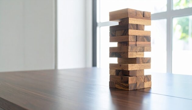 Precariously balanced stack of smooth wooden blocks forming a tower on a polished dark wood table indoors