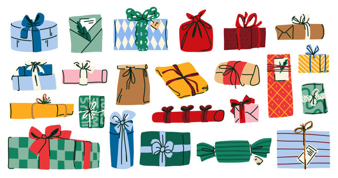 Festive gift and present collection with colorful wrapped boxes, bags, ribbons, bows and decorative packaging for holiday celebrations, greeting cards, stationery, wrapping paper and retail design