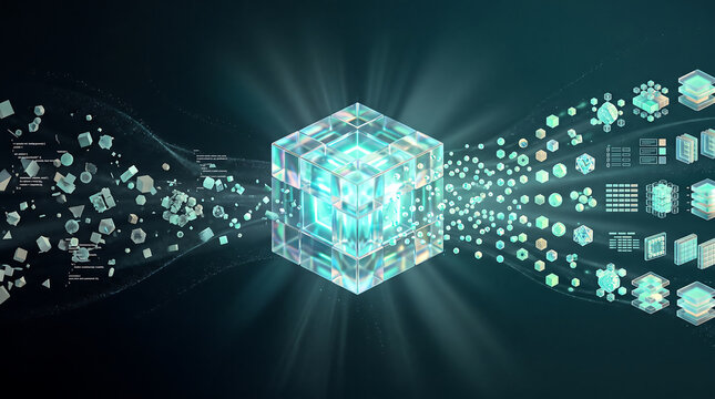 A glowing crystalline cube emitting digital data particles and geometric icons in an abstract dark space representing information flow and technological transformation
