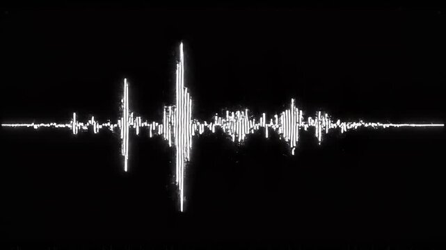 Audio waveform graphic with distinct peaks and valleys during fluctuating sound intensity against black background in cinematic motion