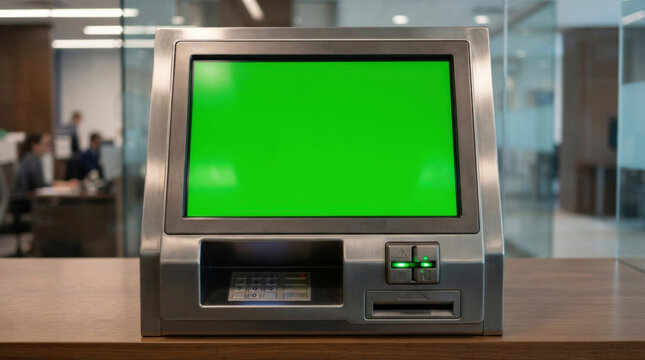 Front view of silver metal atm terminal with green screen display placed on wooden counter within professional office environment.
