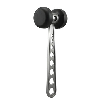 A high-quality medical reflex hammer constructed from polished stainless steel with soft rubber heads used by physicians for neurological testing and examination., isolated on a Transparent background