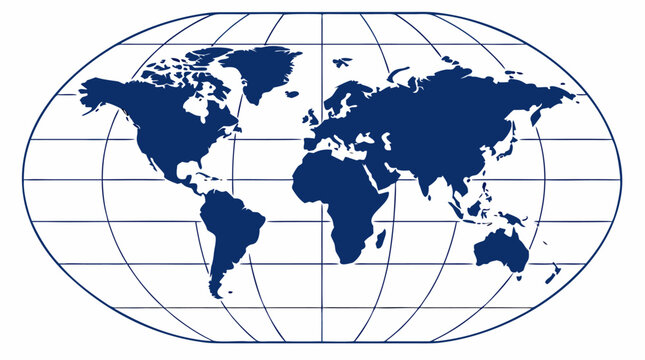 World Map Outline with Latitude and Longitude Grid Lines, Flat Design in Navy Blue and White, Geographic Projection, Clean Vector Illustration for Education, Business, and Travel