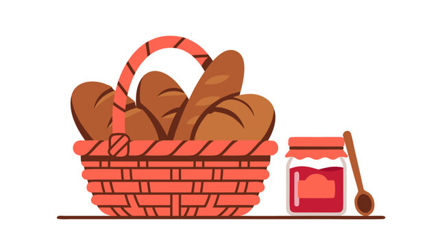 Hand-drawn flat vector illustration of a woven basket filled with fresh bread loaves beside a jar of jam with wooden spoon, bold brown and coral tones, clean white background, food art style