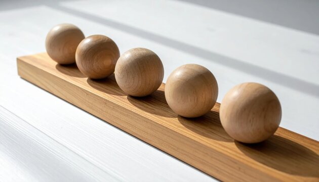 Six smooth light wood spheres arranged on a clean wooden board with soft shadows
