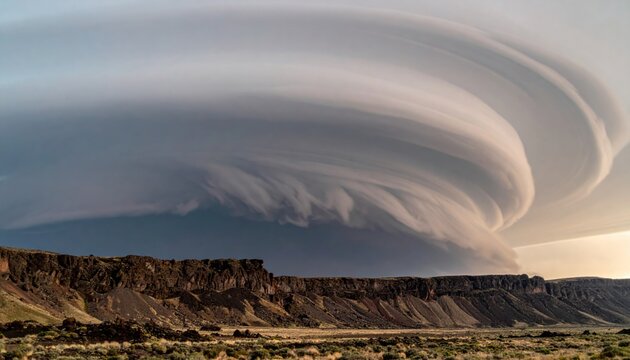 Dramatic Lenticular Cloud Formation Over Arid Desert Landscape Creating Swirling Sky Patterns