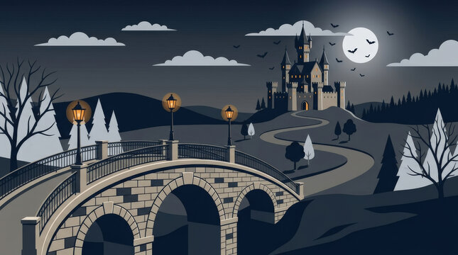 Gothic castle silhouette on hill with stone bridge and full moon scenery for dark fantasy landscape background art illustration.