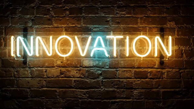 Neon sign with the word innovation glowing against a rustic dark brick wall background