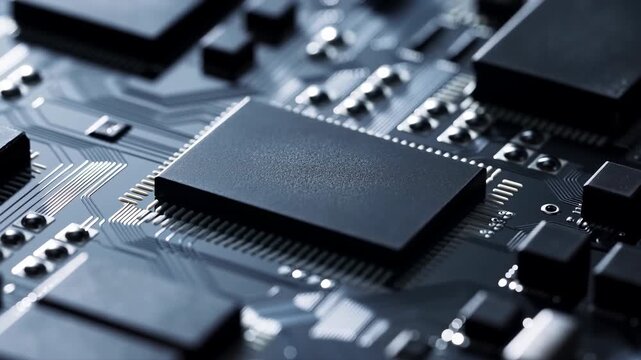 Black integrated circuit chip fills close macro view as camera slowly pushes across dark printed circuit board, revealing fine silver traces, pins, components, and cool reflective highlights
