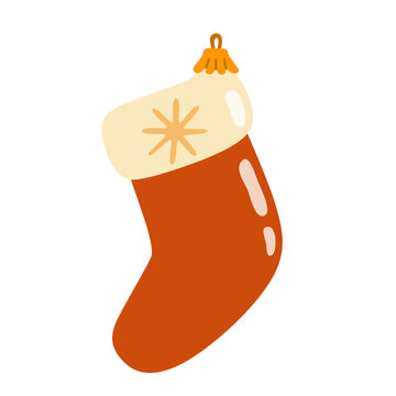 Christmas stocking with snowflake decoration. Xmas tree ornament toy, red Santa Claus sock isolated on white background. Flat vector illustration for festive holiday design, hand drawn.