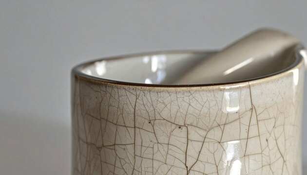 Detailed view of a textured ceramic glaze with a fine cracked pattern, close-up of a rustic mortar