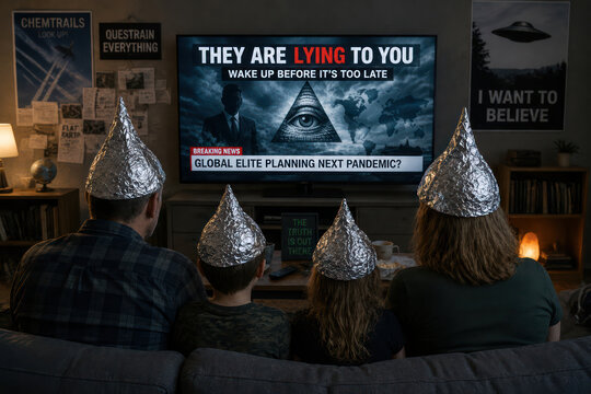 Conspiracy Theory Family Watching Fake News with Tinfoil Hats and Misinformation Concept