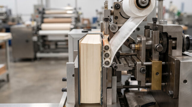 Bookbinding machine applying binding tape to thick book spine in factory