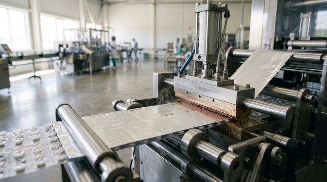 Pharmaceutical packaging machine sealing blister packs in a sterile production facility