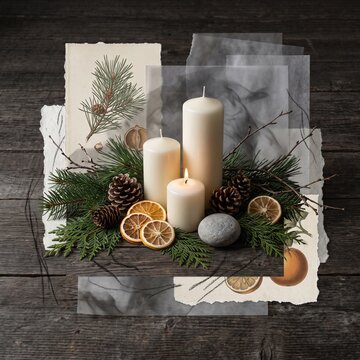 Contemplative winter solstice altar with three ivory candles, evergreen sprigs, pinecones and dried citrus arranged on dark wood in a mixed-media still life