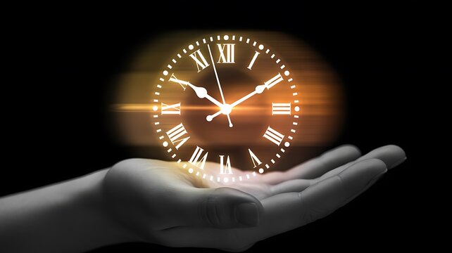 Time Management Concept with Glowing Clock Above Open Hand, Time, Productivity, Deadline, Opportunity and Business Planning
