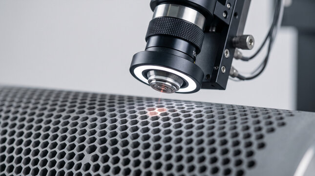 Laser engraving microscope precisely marking hexagonal surface in manufacturing