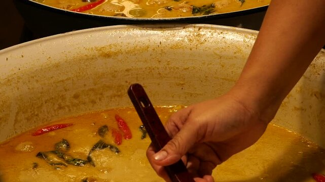 Thai green curry with fish balls and winter melon and coconut shoots