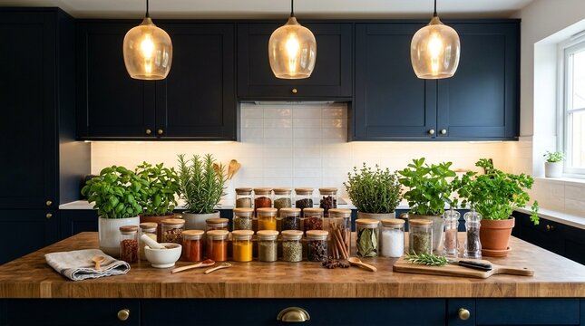 Kitchen Countertop Herb Garden & Spice Collection with Dark Blue Cabinets