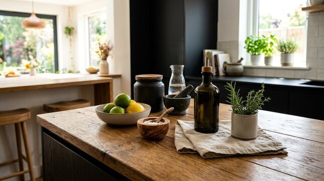 Kitchen island with fresh limes, lemons, olive oil, herbs and mortar