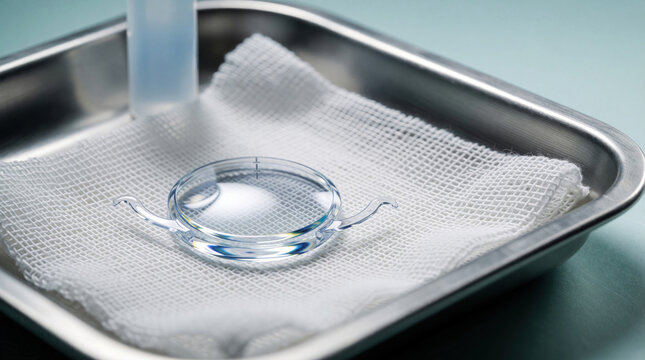 Close up of toric intraocular lens on sterile gauze in metal tray. Ophthalmic IOL implant for astigmatism correction ready for eye surgery. Medical device for cataract treatment in clinic hospital.